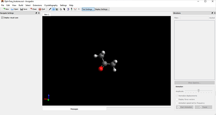 Screenshot of Avogadro window with no loading of vibrational frequencies